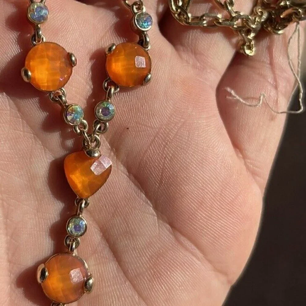 Anne Klein Vintage Elegant Orange Heart White Stones Gold Tone Necklace …